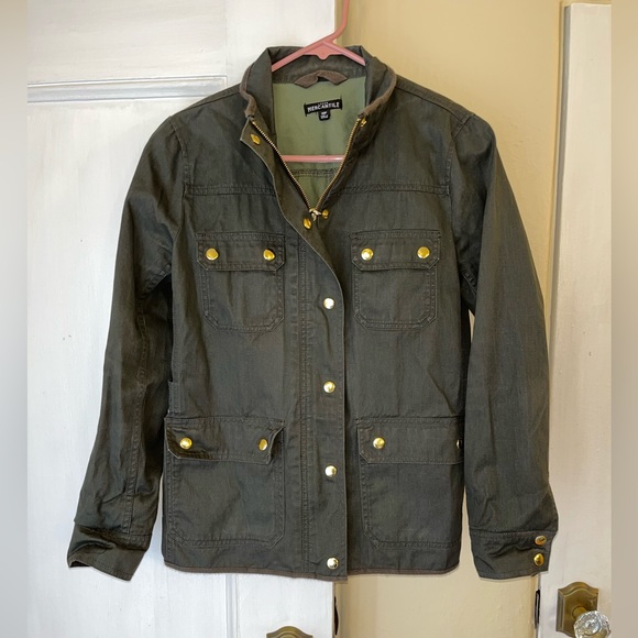 J Crew Olive Green Women's resin coated twill field Jacket size petite Medium - Picture 1 of 3